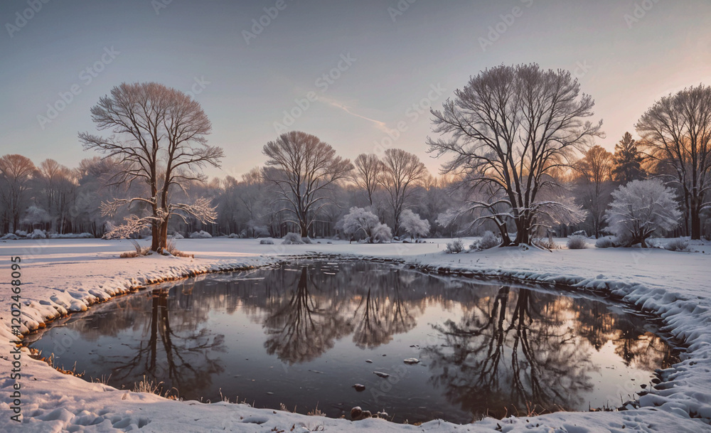 Poster A pond with snow on the trees and a reflection of the trees in the water. The scene is peaceful and serene