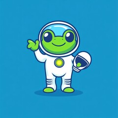 Naklejka premium Astronaut frog waving, space exploration, blue background, children's book illustration