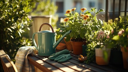 Spring gardening on a sunny balcony with vibrant flowers and tools on a wooden table. Generative AI