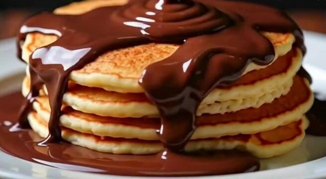 Mouthwatering delicious chocolate cake with chocolate A delectable hyper-realistic video of melted chocolate being drizzled over a stack of pancakes