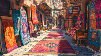 Fototapeta premium Colorful souk alleyway with vibrant rugs and textiles. Vibrant Street Market. Illustration