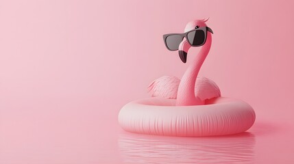Pink Flamingo Wearing Sunglasses Floats on Pink Inflatable Ring