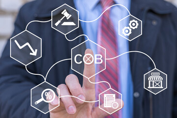 Business person using virtual touch screen push abbreviation: COB. COB Close Of Business Concept....