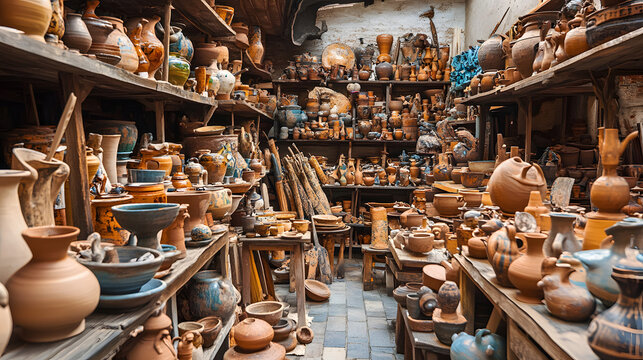 Exploring the Artistic Process in a Potterĺs Workshop Filled with Drying Clay and Tools