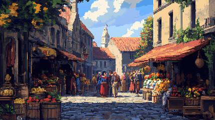 Fototapeta premium Vibrant pixel art of bustling street market with vendors and shoppers, showcasing a lively urban scene. medieval street market. illustration. Vibrant Street Market. Illustration