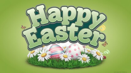 Happy Easter with Eggs, Flowers, and Butterflies