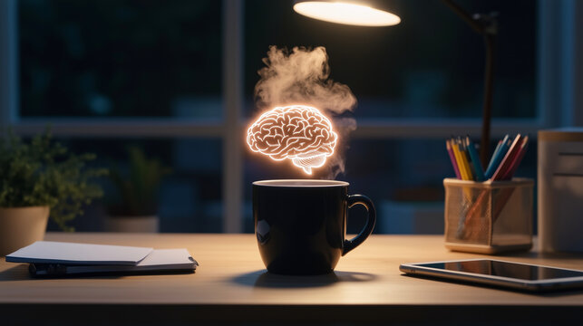 A black coffee cup placed on a table with a brain-like steam rising above, symbolizing ideas or mental stimulation, against a blurred background of a well-lit room.