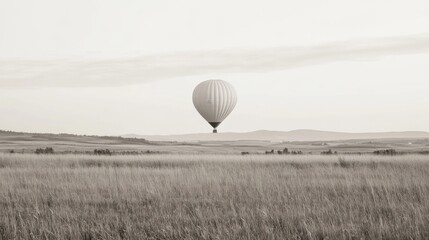 A lone hot air balloon floats serenely over a vast, tranquil field under a pale sky.