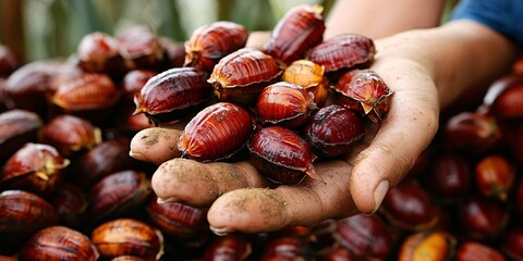 Fototapeta premium Closeup Hand Holding Fresh Palm Fruit, Red Palm Oil Seeds, Agriculture Harvest