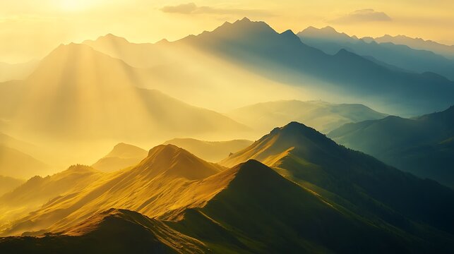 A breathtaking panorama of a serene mountain landscape, with rolling hills and a vibrant sky