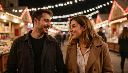 Joyful couple walking through festive market at night, holiday cheer