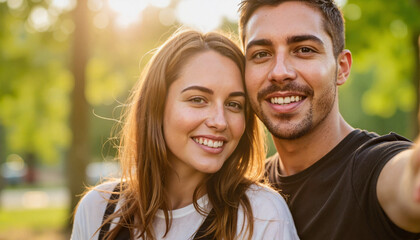 Couple smiling while taking selfies in a park, joyful intimacy