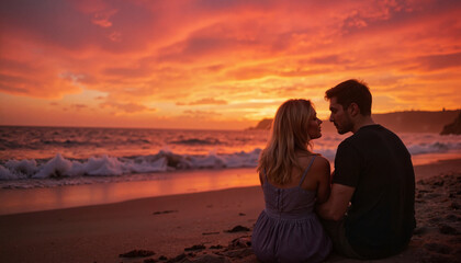 Fototapeta premium Intimate moment between couple at beach during sunset, romantic connection