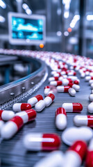 Red and white capsule pills on a conveyor belt in a medical production plant.