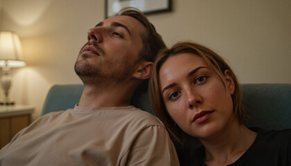 Intimate moment of couple leaning together in waiting room, love