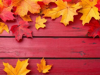 Obraz premium Vibrant Autumn Maple Leaves on Red Wooden Background
