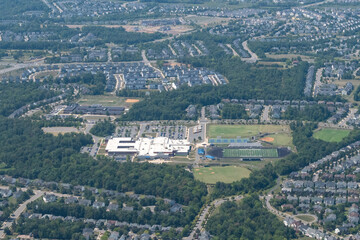 Auburn, Virginia - Aerial view of the suburbs of Ashburn Virginia and the Stone Bridge High School - home of the bulldogs