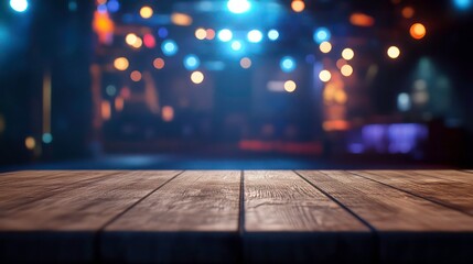 Empty wooden table and blurred background of hall of stage bar or cafe with bokeh lights. High quality photo
