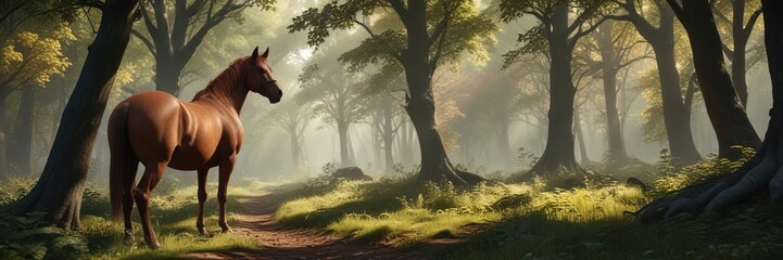 Naklejka premium Gorgeous chestnut mare wandering through a magical forest, landscape, trees, wandering, gorgeous, nature