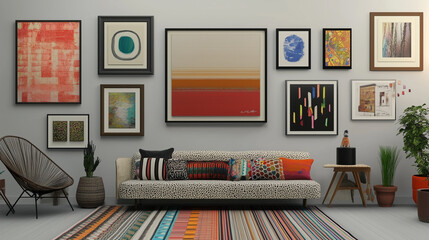 Eclectic living room with colorful gallery wall and bold patterns