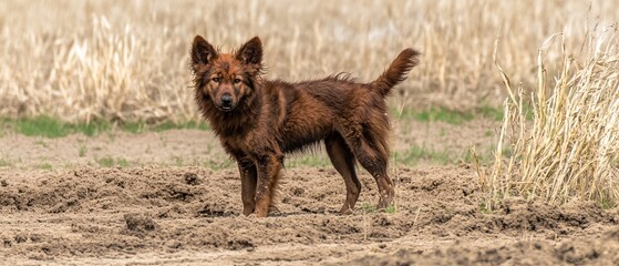 Brown Dog Standing in Sandy Field, Muddy Fur, AI Generated Image