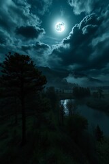 Fototapeta premium Serene moonlit night, with a reflection of the full moon and misty clouds creating a tranquil and ethereal atmosphere.
