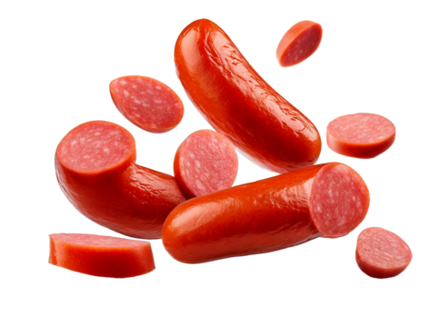 Falling sausage illustrated in mid-air, isolated on white background, with a transparent PNG format, presenting detailed textures and realistic shading, showcasing dynamic movement, ready for design u