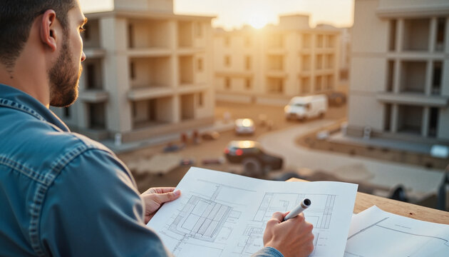 Architect reviewing blueprints at construction site during sunset