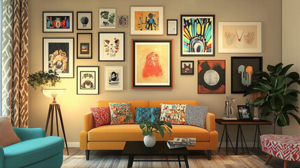 Eclectic living room with bold wall art and colorful furniture