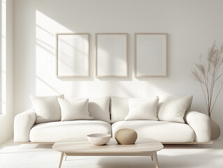Minimalist living room with neutral decor and simple wall art frame mockup