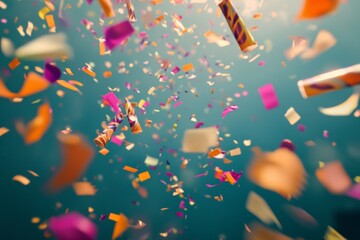 A lively birthday celebration unfolds with an explosion of colorful confetti filling the air. Vibrant hues of orange, purple, and gold create an exciting and festive atmosphere as guests cheer