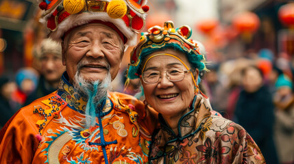 Fototapeta premium Happy elderly Chinese couple on Dragon Parade with colorful dragons dancing through streets, with participants in traditional costumes. The atmosphere and traditions of Chinese New Year celebrations.