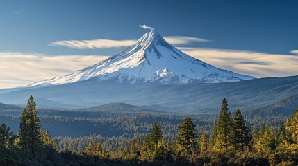 Fototapeta premium Majestic snow-capped mountain peak rising above a dense evergreen forest under a clear blue sky.