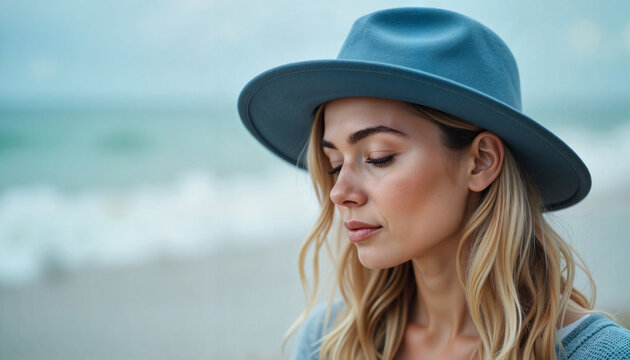 Young woman with closed eyes reflecting on the beach - Powered by Adobe
