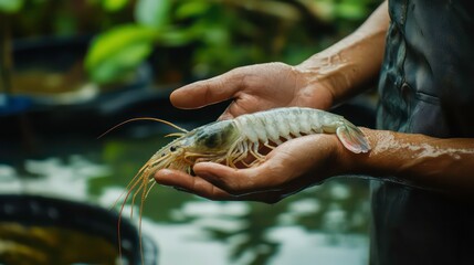 Fototapeta premium farmer holding white vannamei prawn with his hand, modern shrimp farming pond environment