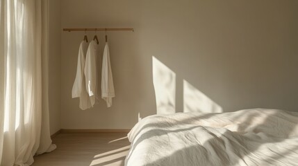 Minimalist bedroom interior with sunlight streaming through sheer curtains, illuminating a bed and hanging clothes.