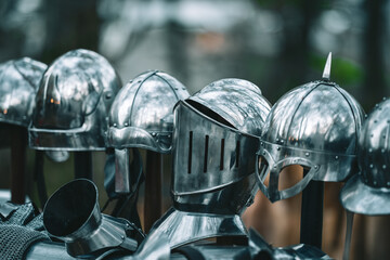 A row of helmets are lined up, some of which have shields on them