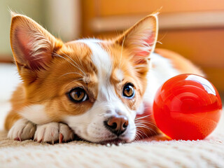 Small dog resting after playing with a ball
