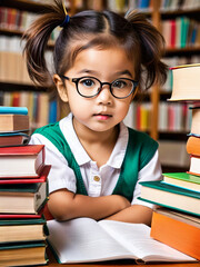 A girl sits at a desk between two tall stacks of books and textbooks.