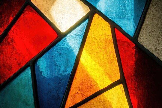 Abstract stained glass window with vibrant red, blue, yellow, and orange hues.