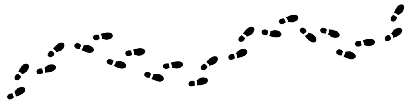 A path of footprints and footprints. Black heel footprint icons. Foot of a human leg in boots, shoes.Vector illustration.
