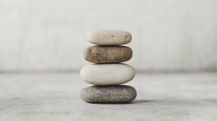Four smooth stones stacked on a gray surface.