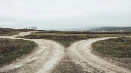 Fork in the road, dirt path, decision, choice, crossroads, rural landscape.