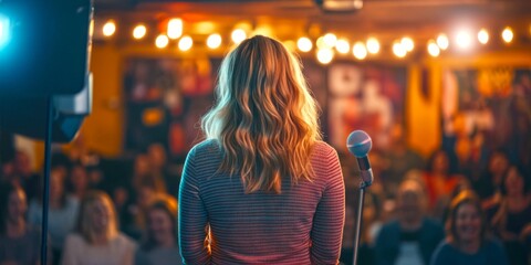 A performer stands confidently on stage, ready to engage the audience. The warm lights create an inviting atmosphere. Perfect for showcasing live events and entertainment. AI