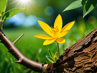 Sprout growing from a tree in the rays of the sun