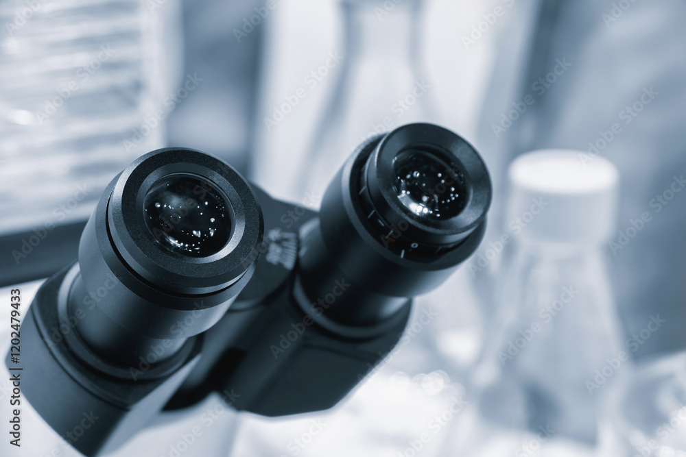 Poster a pair of black binoculars with a white bottle in the background. the binoculars are on a table and 
