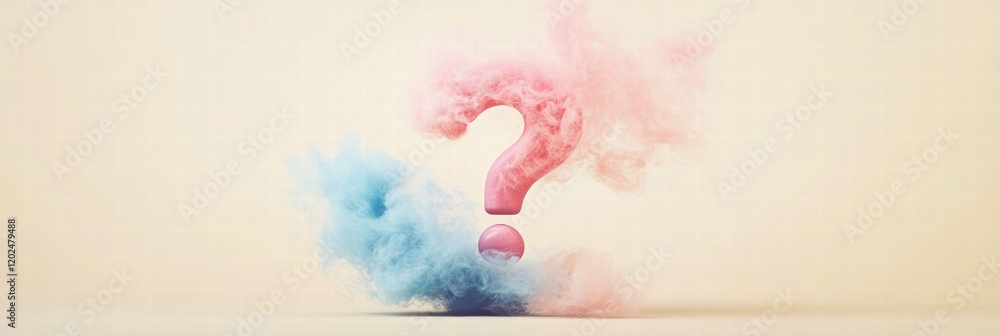 Leinwandbilder clouds of pink and blue smoke blend into a question mark shape against a soft background. generative