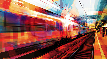 Obraz premium train arriving at a station captured with motion blur and colorful abstract light streaks in a dynamic setting 