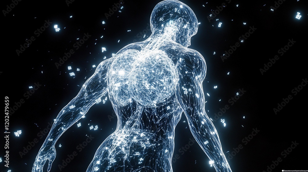 Poster human body with glowing nodes connected by a web of lines against a black background