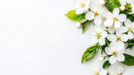 Fototapeta premium A serene arrangement of white flowers and green leaves against a light background, creating a fresh and elegant natural aesthetic.